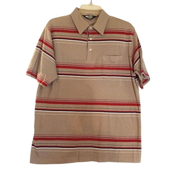 Vintage Knights Bridge Tan And Red Striped Mens 3 Button Polo Shirt Sz L - Picture 1 of 4